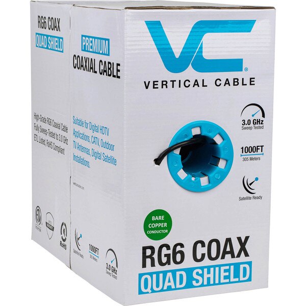 Main product image for RG-6/U Solid Copper 18 AWG Quad Shield CM Coax Cable Black 1000 ft. 102-1588